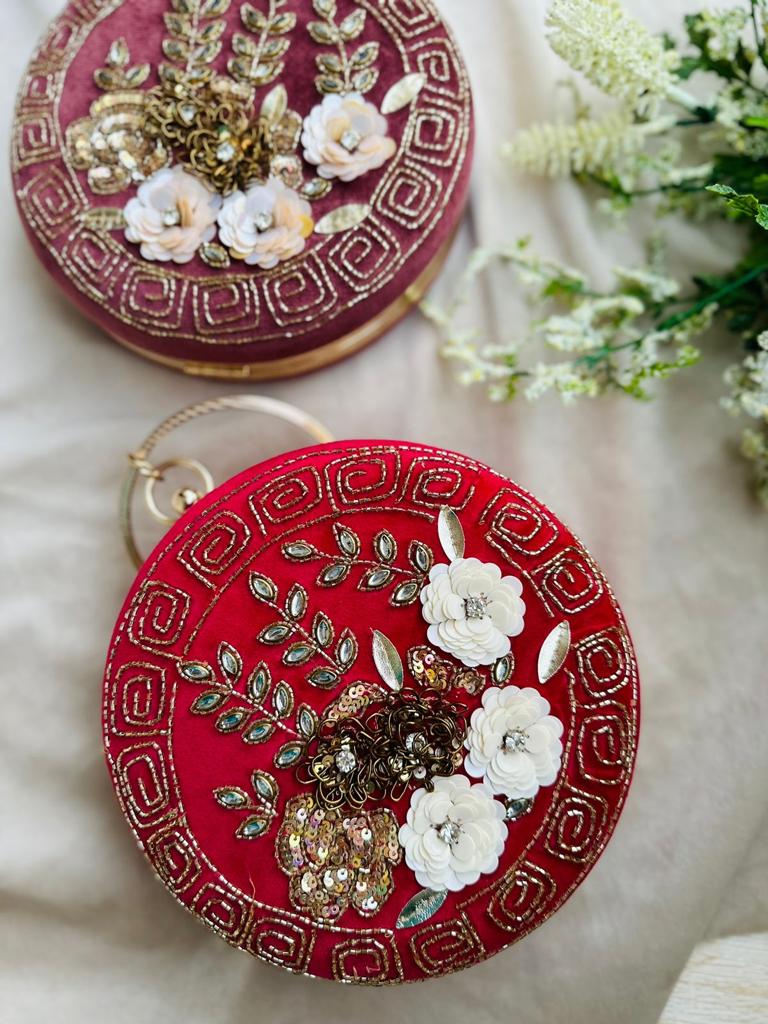 Red Floral Embroidered Diamond Studded Wristlet with Gold Sling Chain