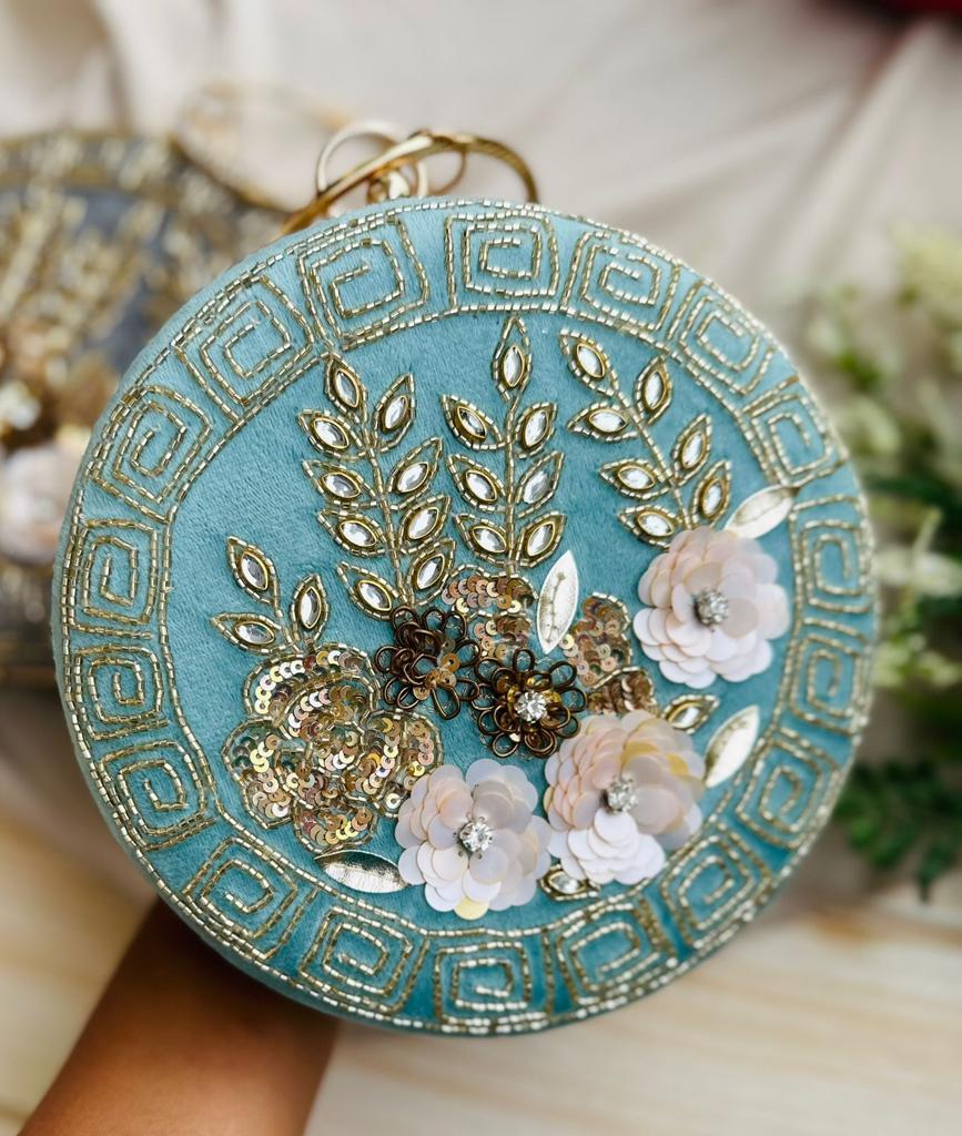 Tiffany Blue Floral Embroidered Diamond Studded Wristlet with Gold Sling Chain