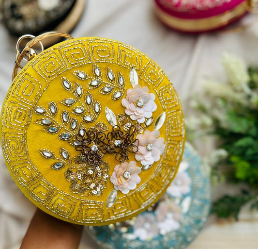 Yellow Floral Embroidered Diamond Studded Wristlet with Gold Sling Chain