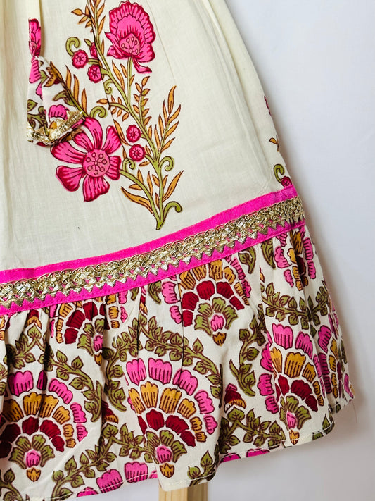 Short Sleeves Pink and White Cotton Top with Hand Block Printed Flared Lehenga