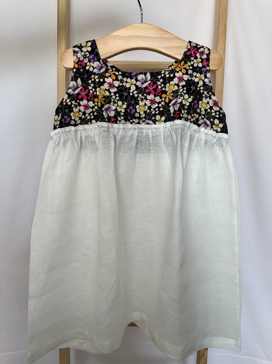 Floral Printed White & Black Summer Dress in Premium Linen