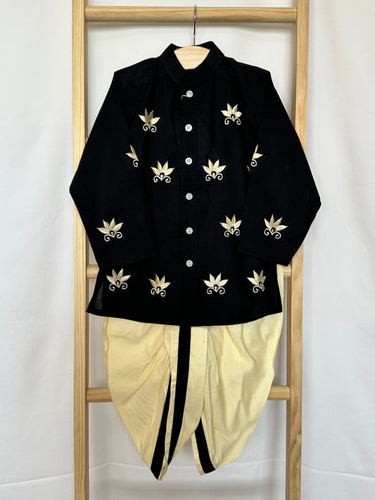 Floral Embroidered Black Kurta with Dhoti