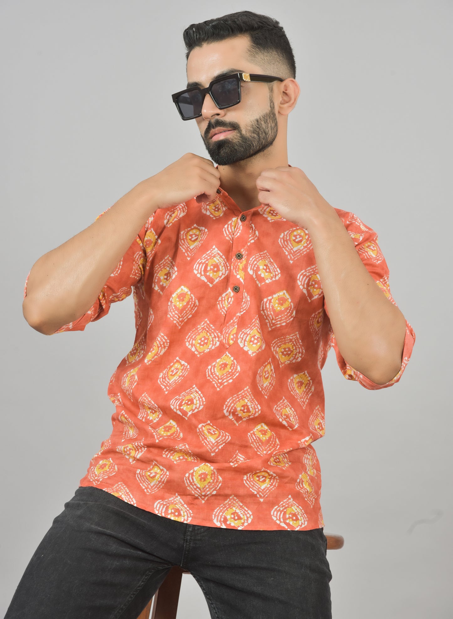 Rust Printed Short Kurta