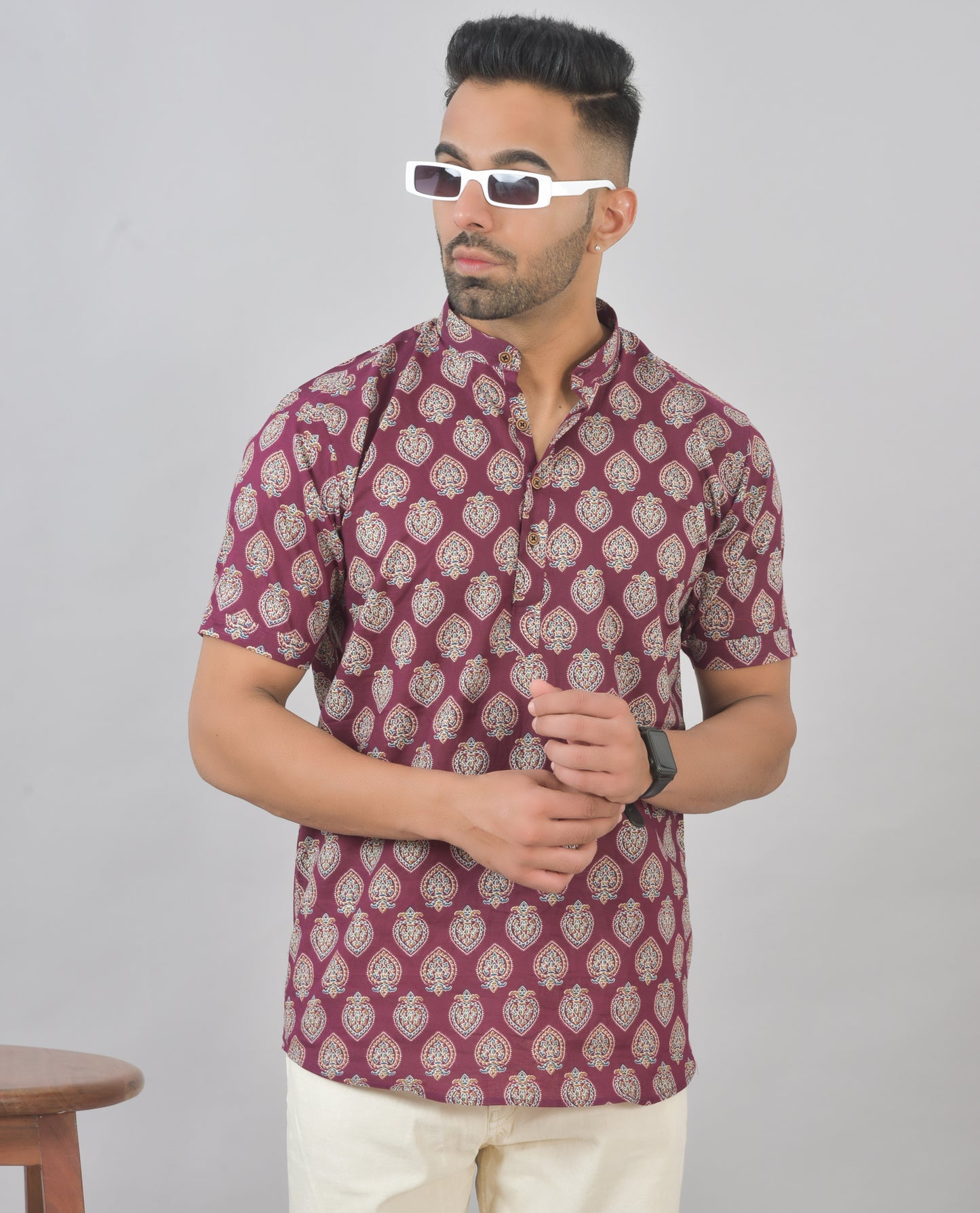 Burgundy Vethalai Short Sleeves Kurta