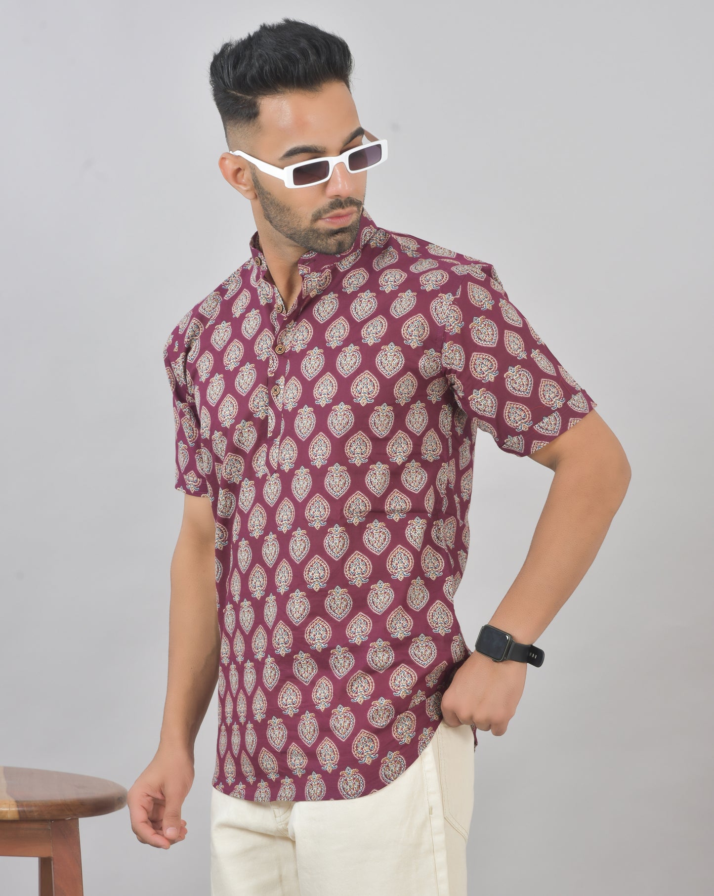 Burgundy Vethalai Short Sleeves Kurta