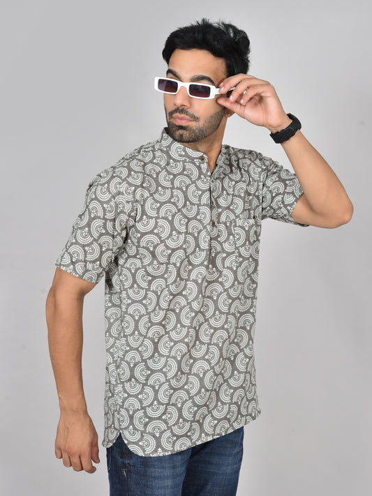 Grey Fan Butti Short Sleeves Kurta