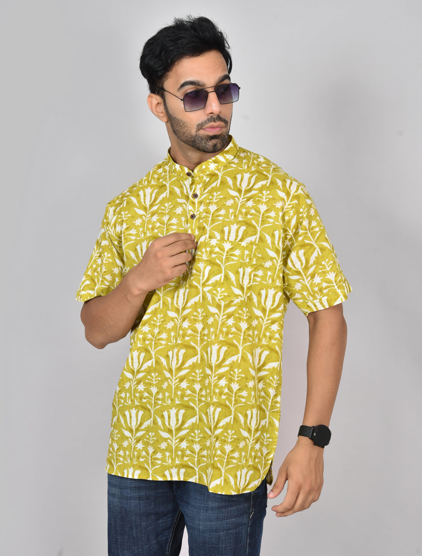 Olive Chemangi Short Sleeves Kurta