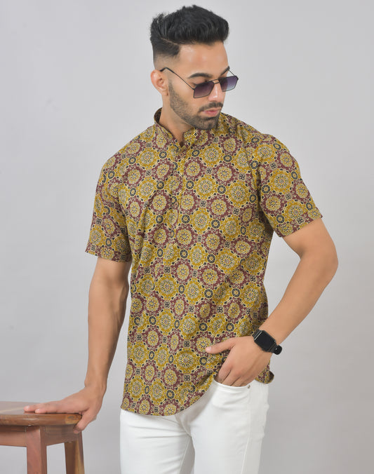 Yellow/Burgundy Mandela Short Sleeves Kurta