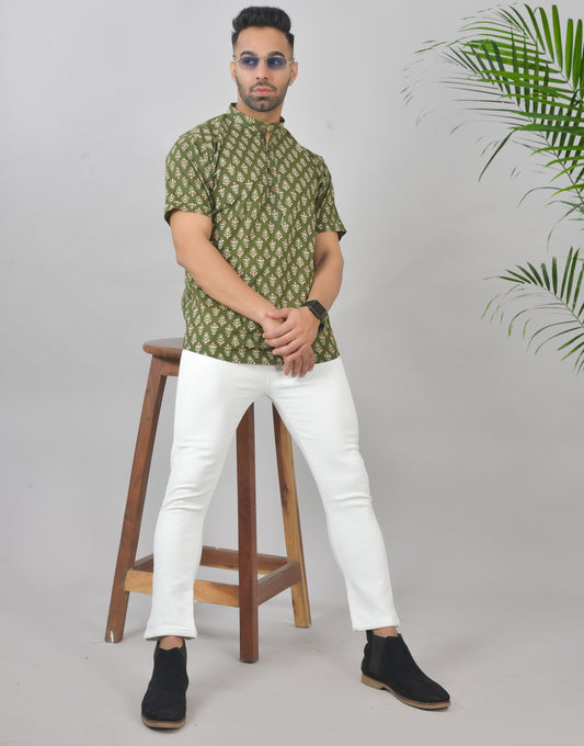 Pachai Buta Short Sleeves Kurta