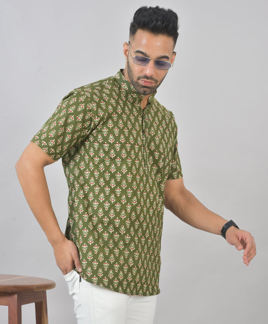 Pachai Buta Short Sleeves Kurta