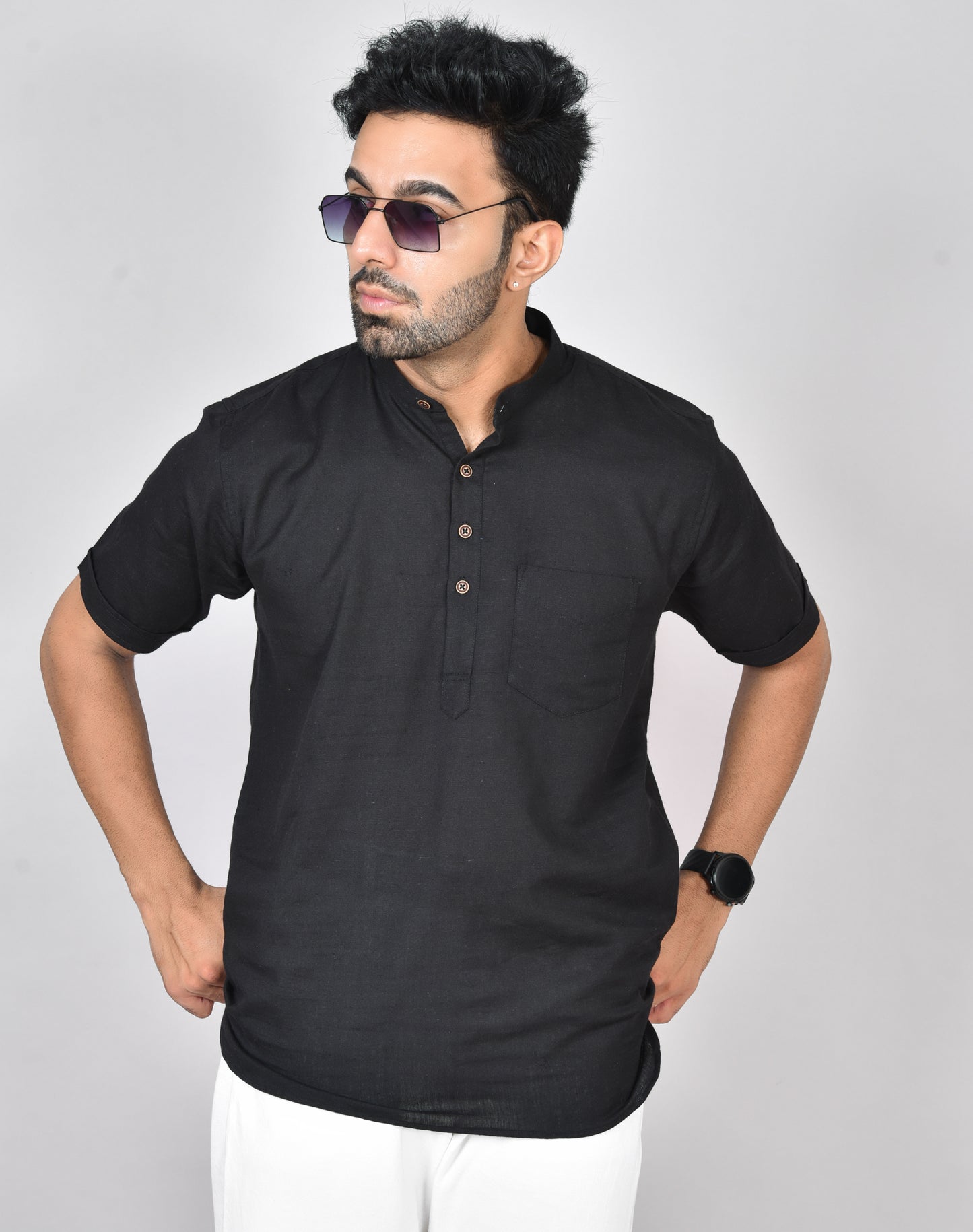 Black Plain Short Sleeves Kurta