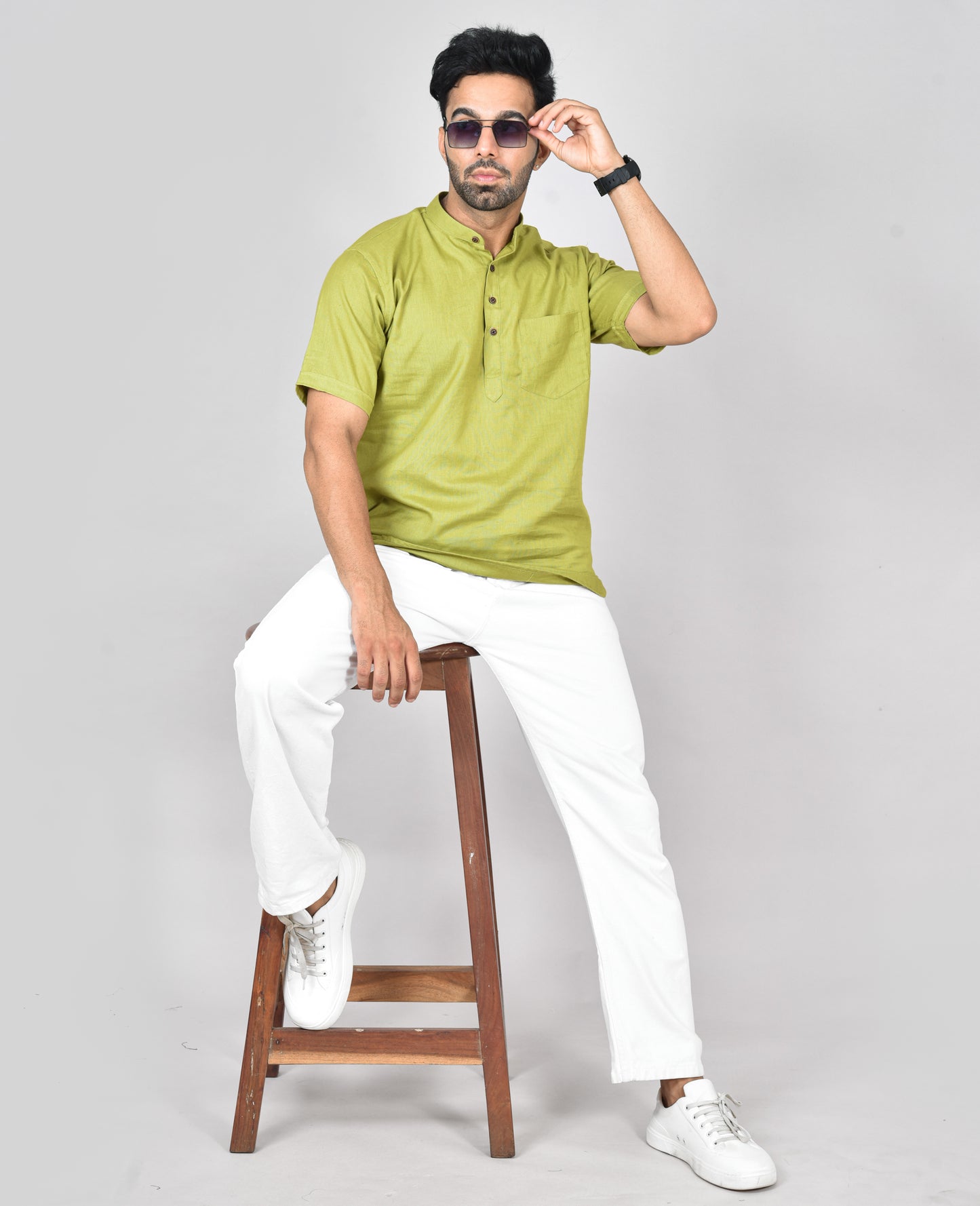 Olive Green Plain Short Sleeves Kurta