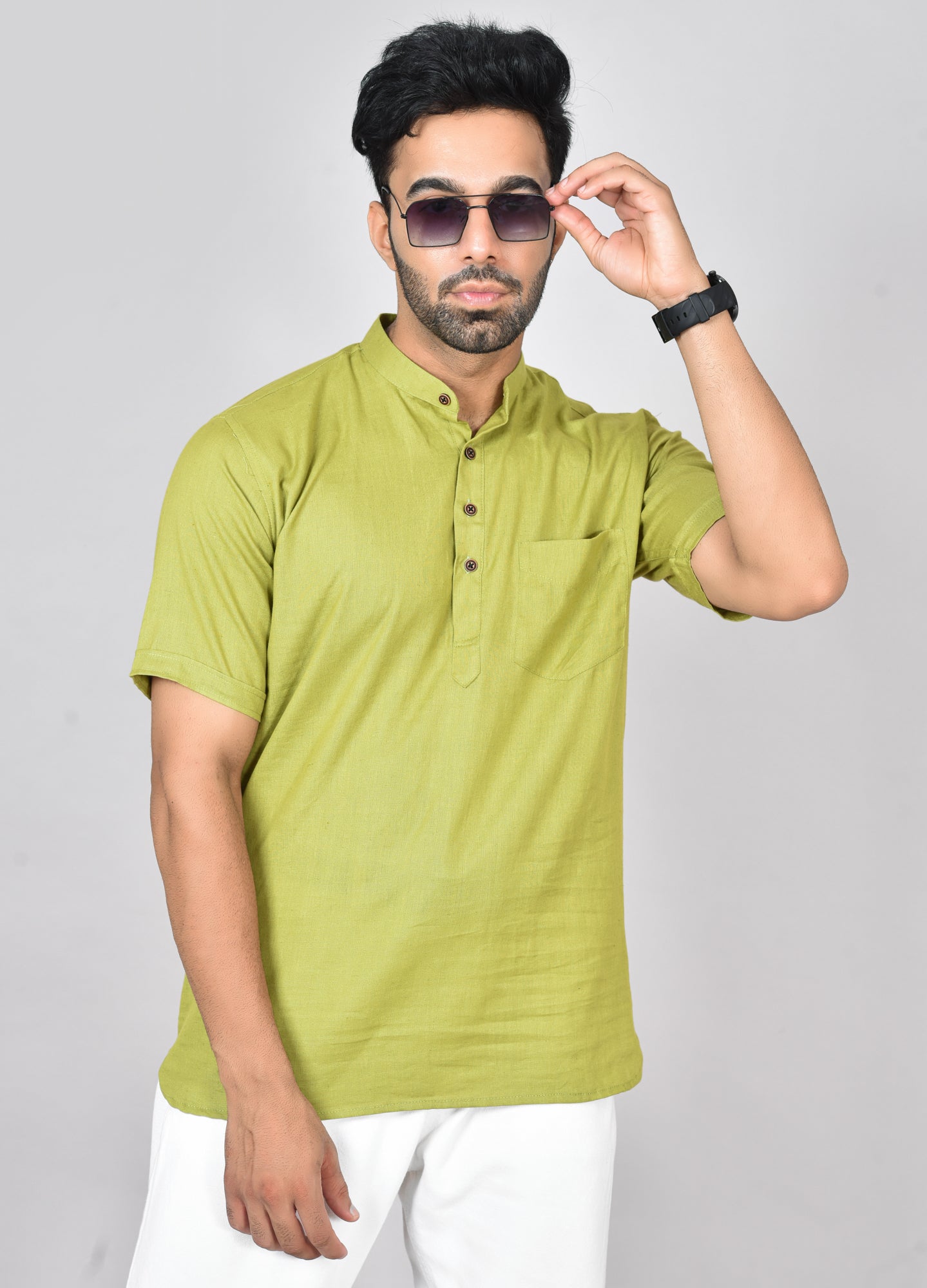 Olive Green Plain Short Sleeves Kurta