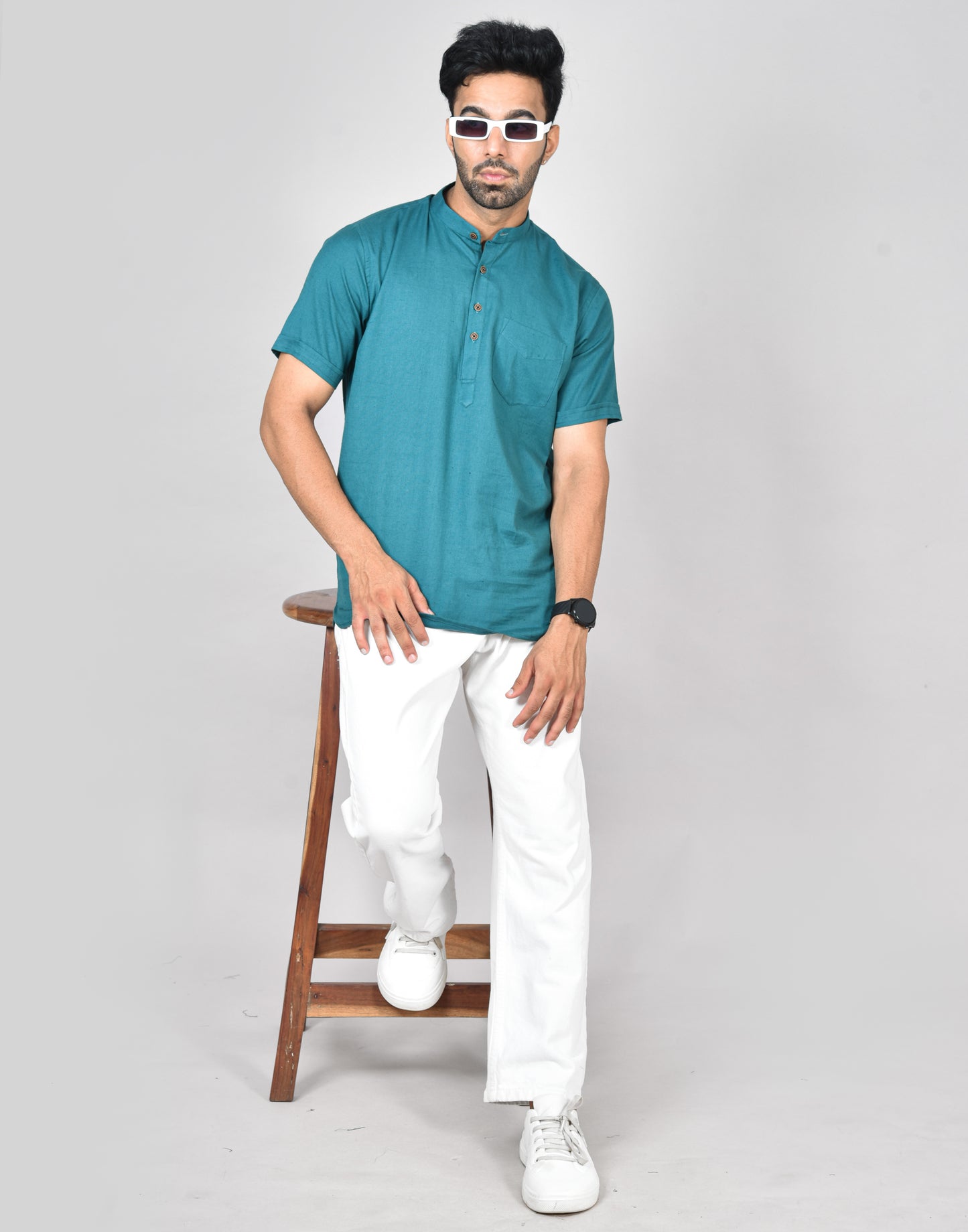 Teal Plain Short Sleeves Kurta