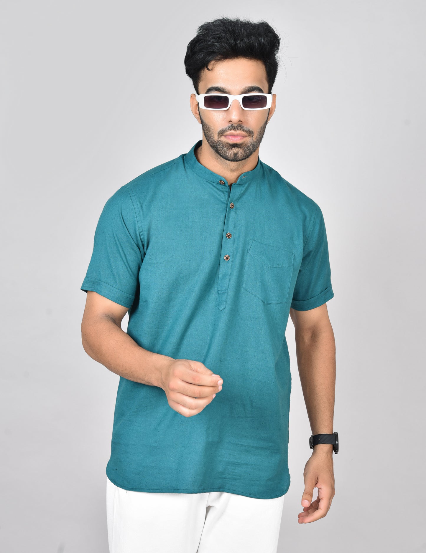 Teal Plain Short Sleeves Kurta