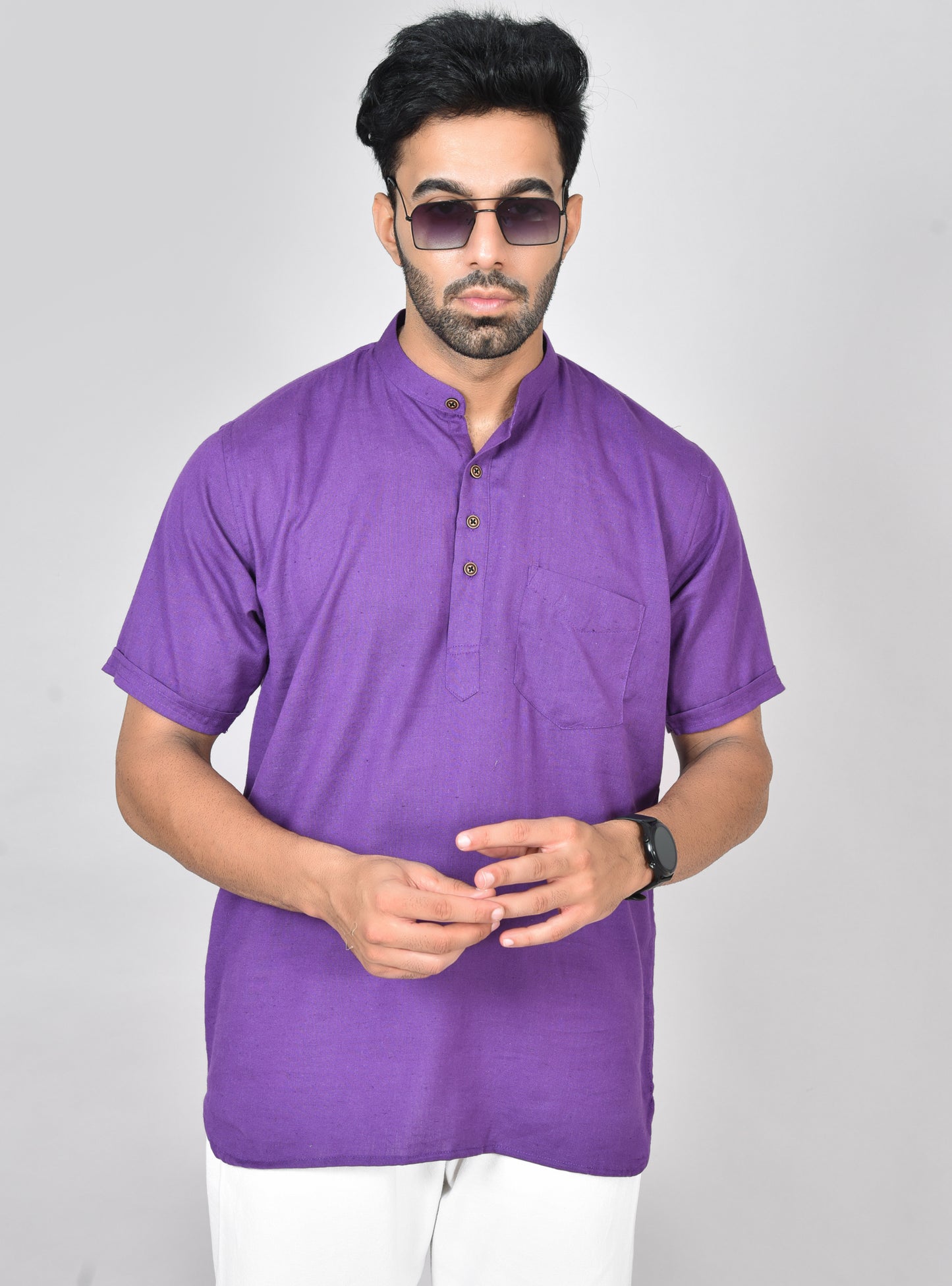 Purple Plain Short Sleeves Kurta