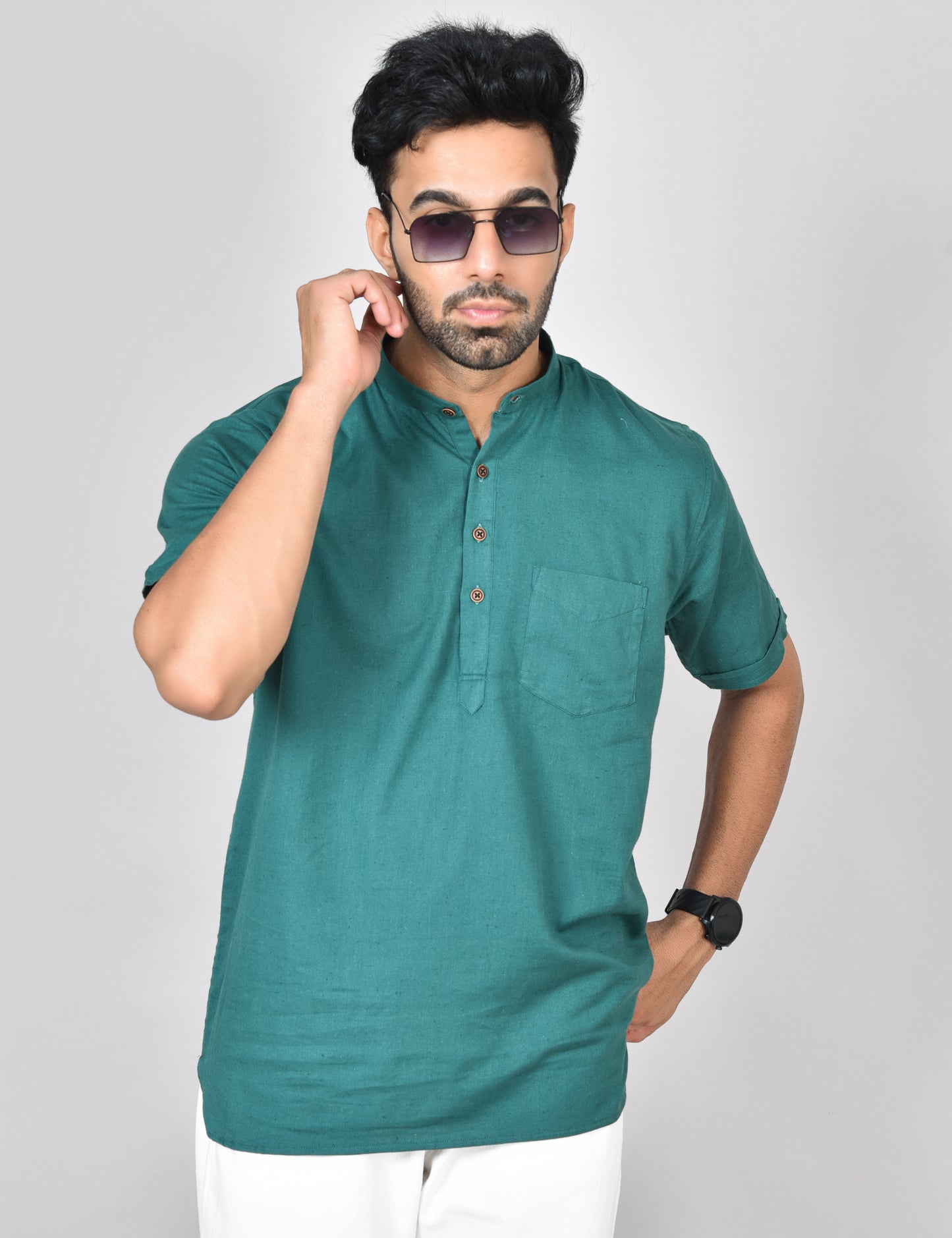 Green Plain Short Sleeves Kurta