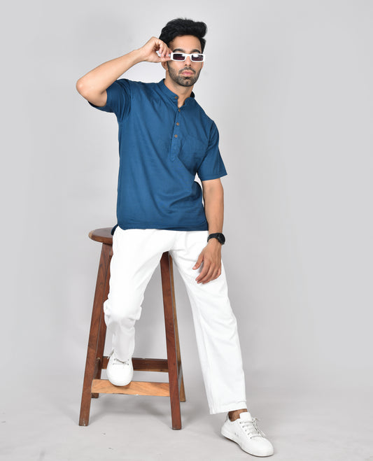 Navy Blue Plain Short Sleeves Kurta