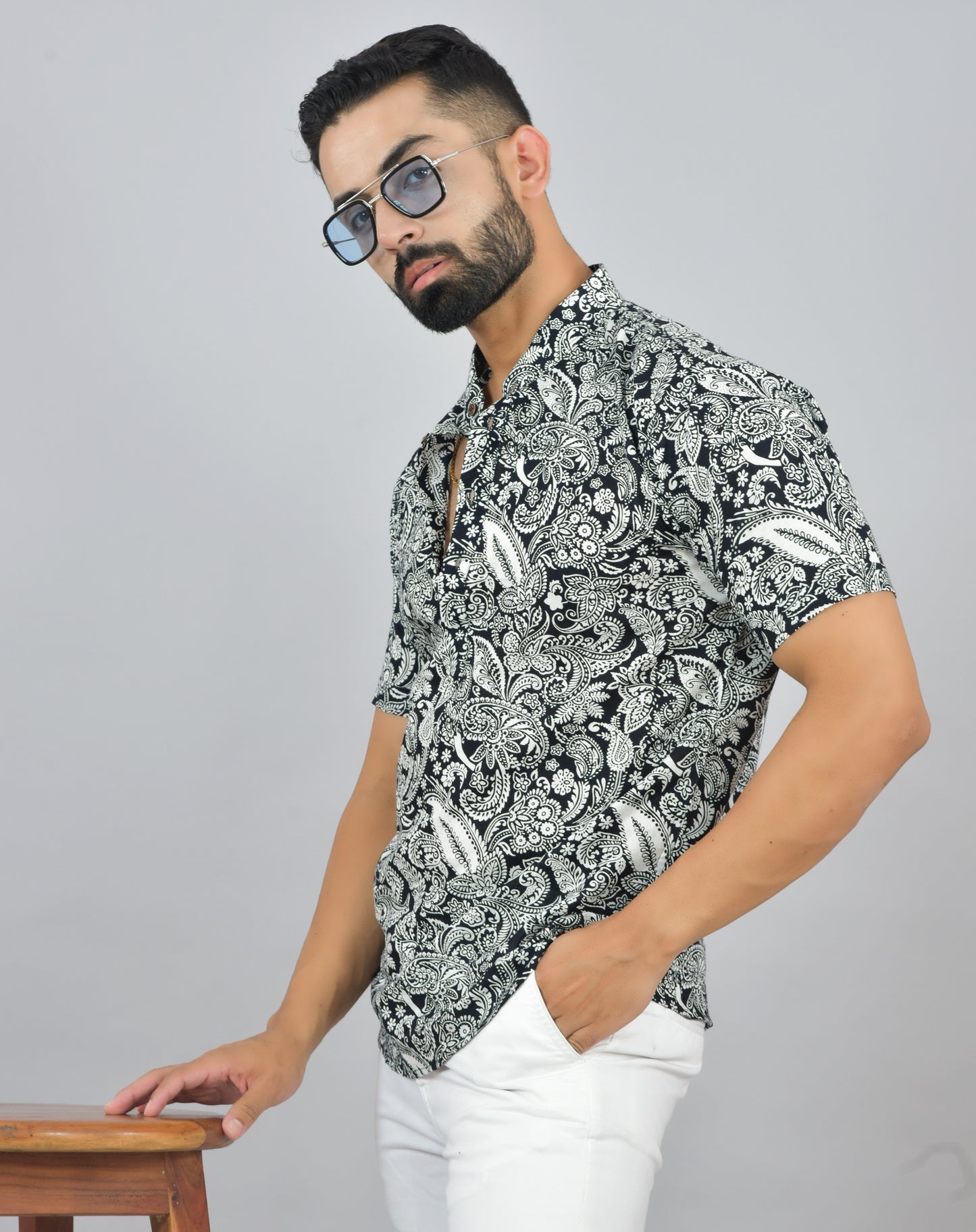 Black & White Floral Short Sleeve Kurta