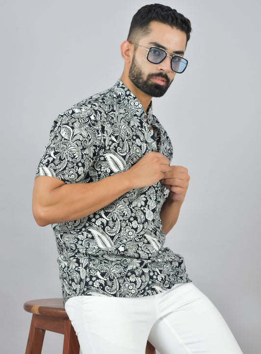 Black & White Floral Short Sleeve Kurta