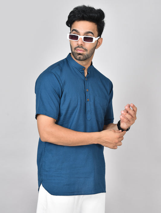 Navy Blue Plain Short Sleeves Kurta