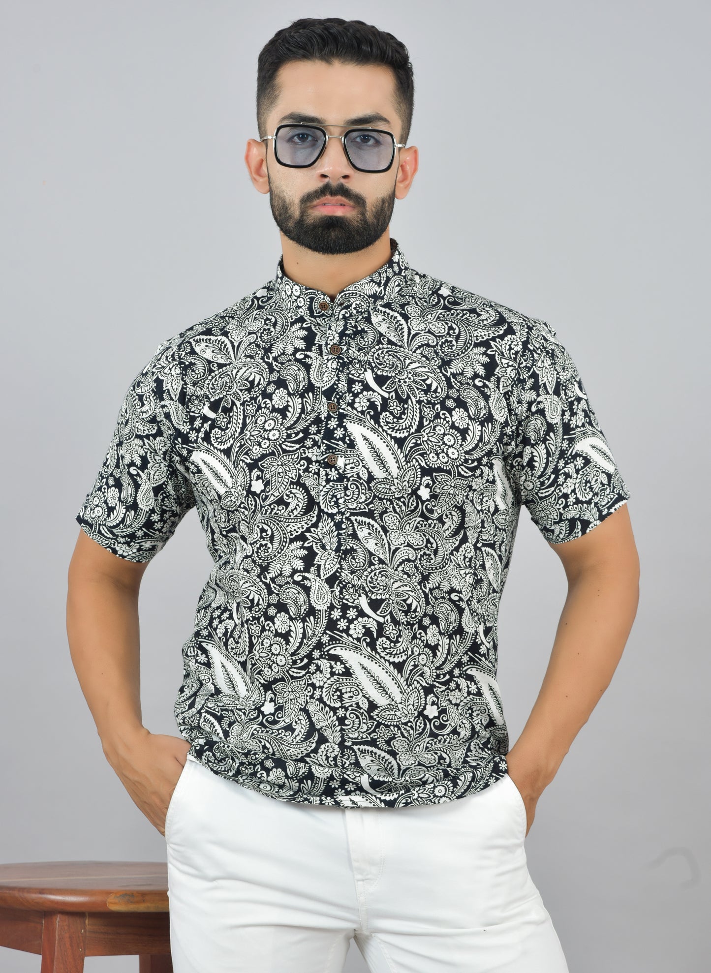 Black & White Floral Short Sleeve Kurta