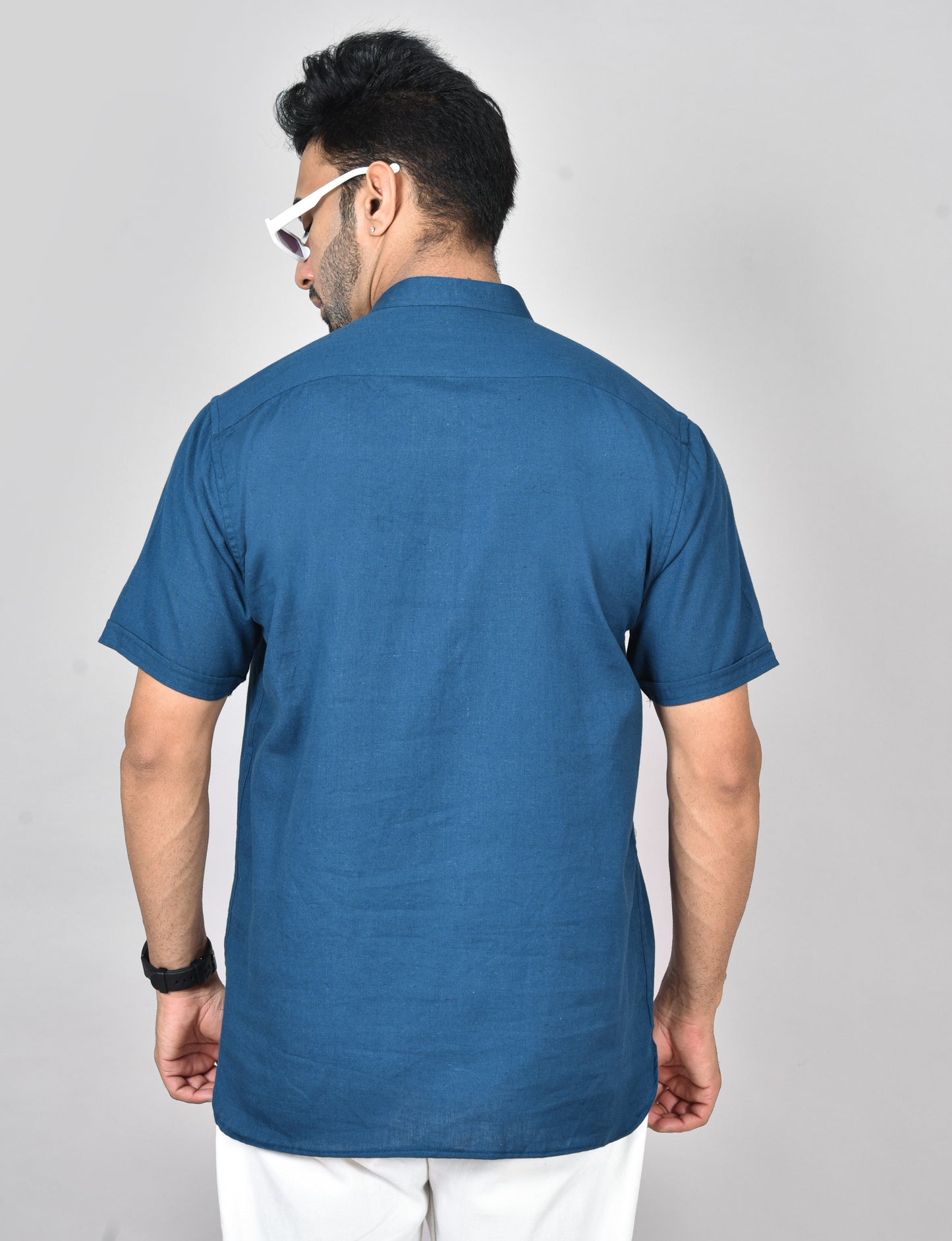 Navy Blue Plain Short Sleeves Kurta