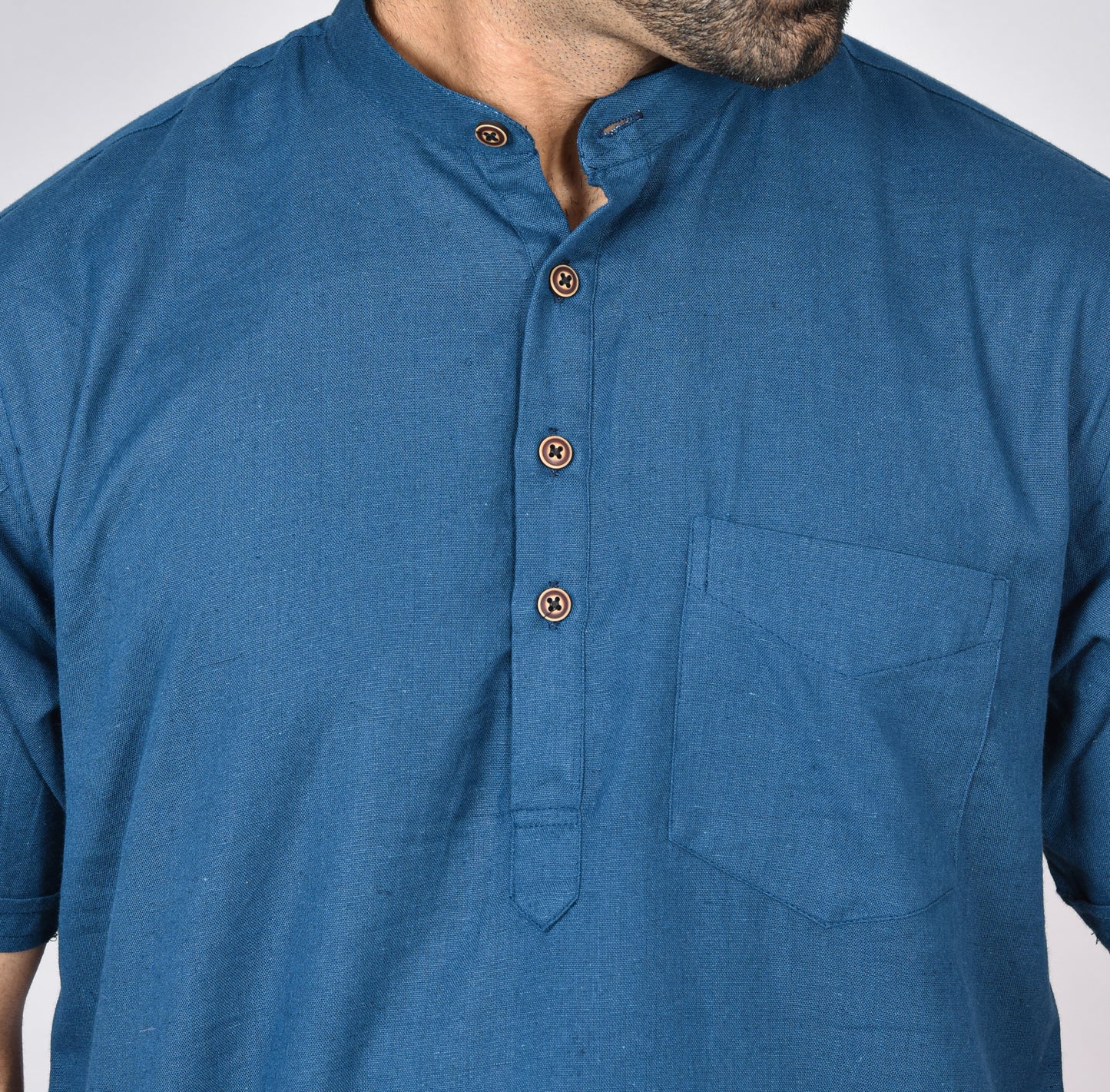 Navy Blue Plain Short Sleeves Kurta
