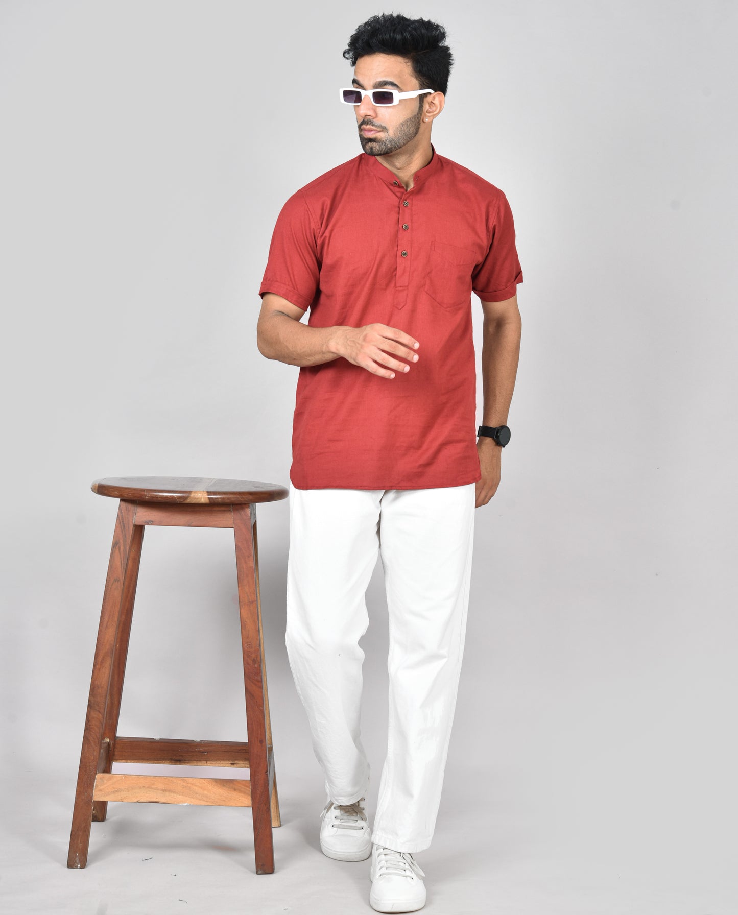 Red Plain Short Sleeves Kurta