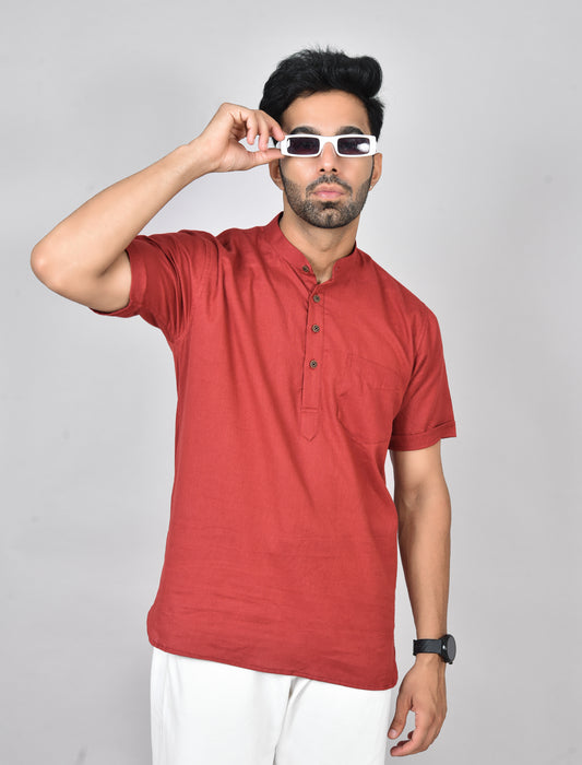 Red Plain Short Sleeves Kurta