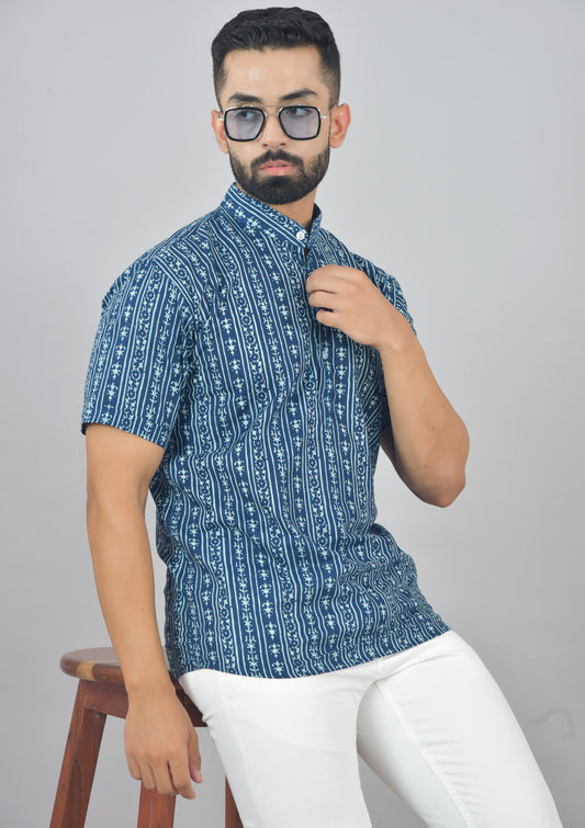 Blue Azure Stripe Short Sleeve Kurta