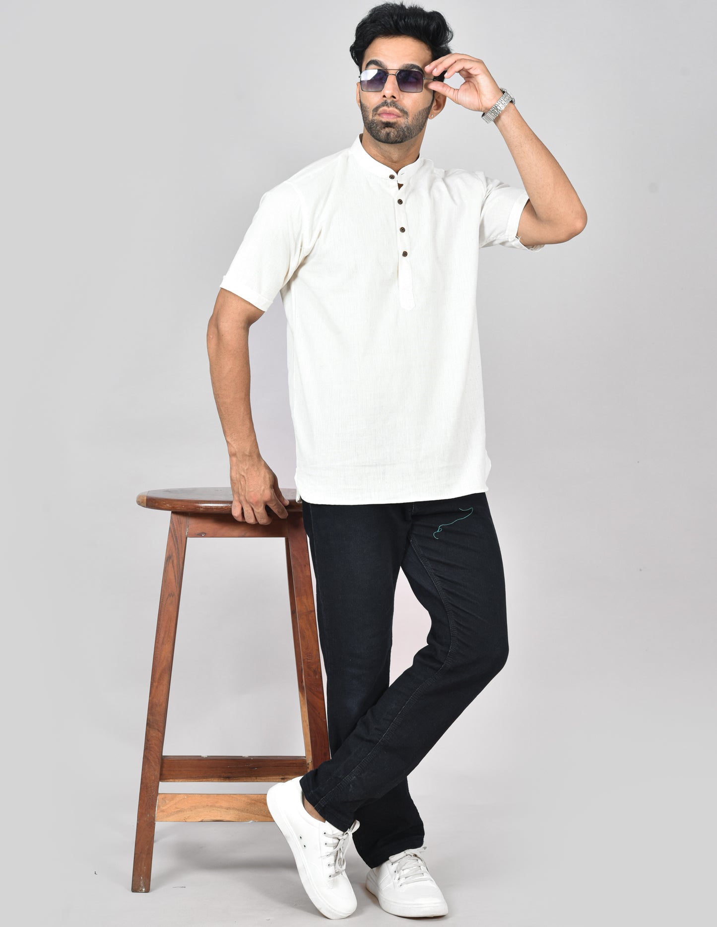Cream Plain Short Sleeves Kurta