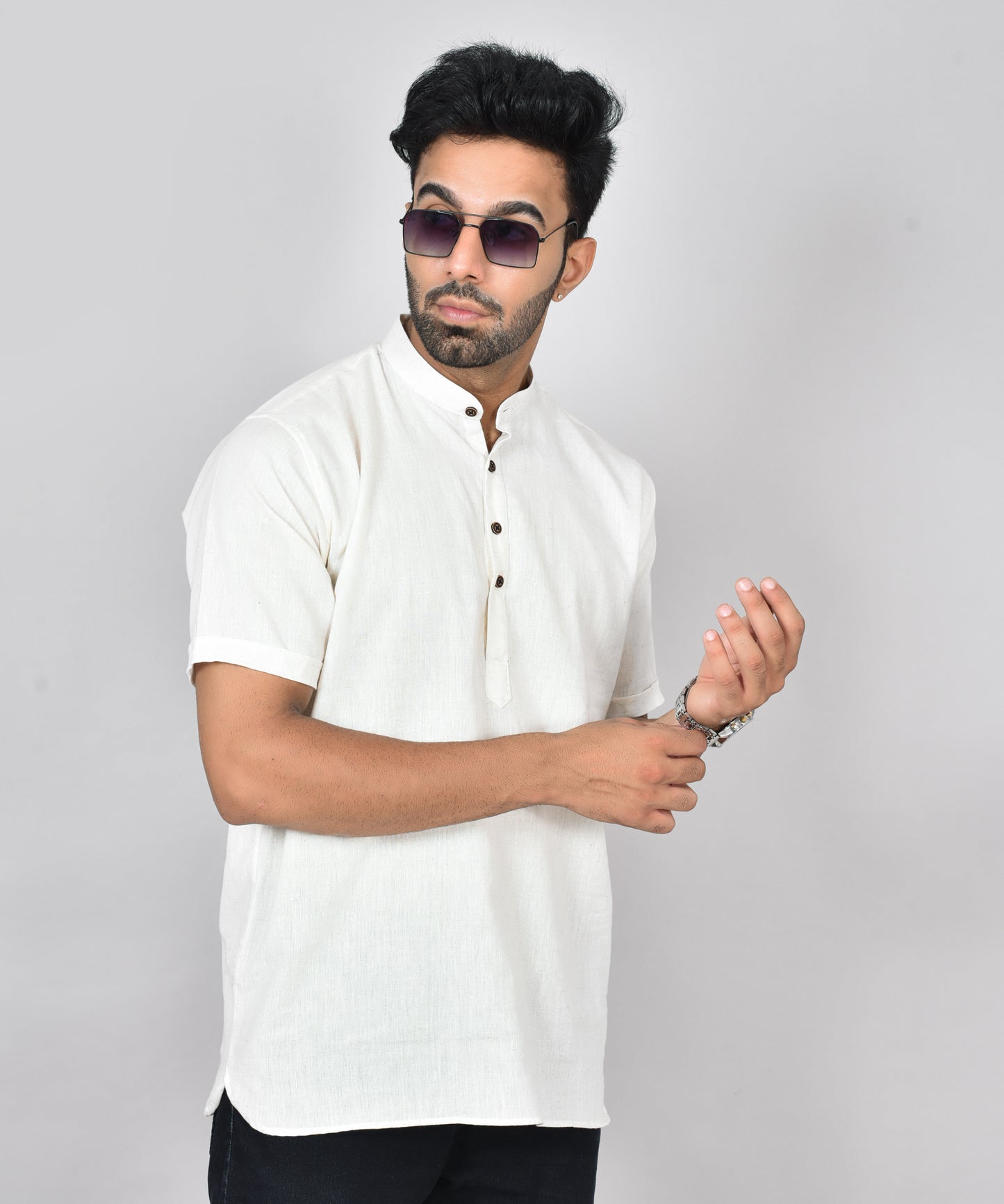 Cream Plain Short Sleeves Kurta