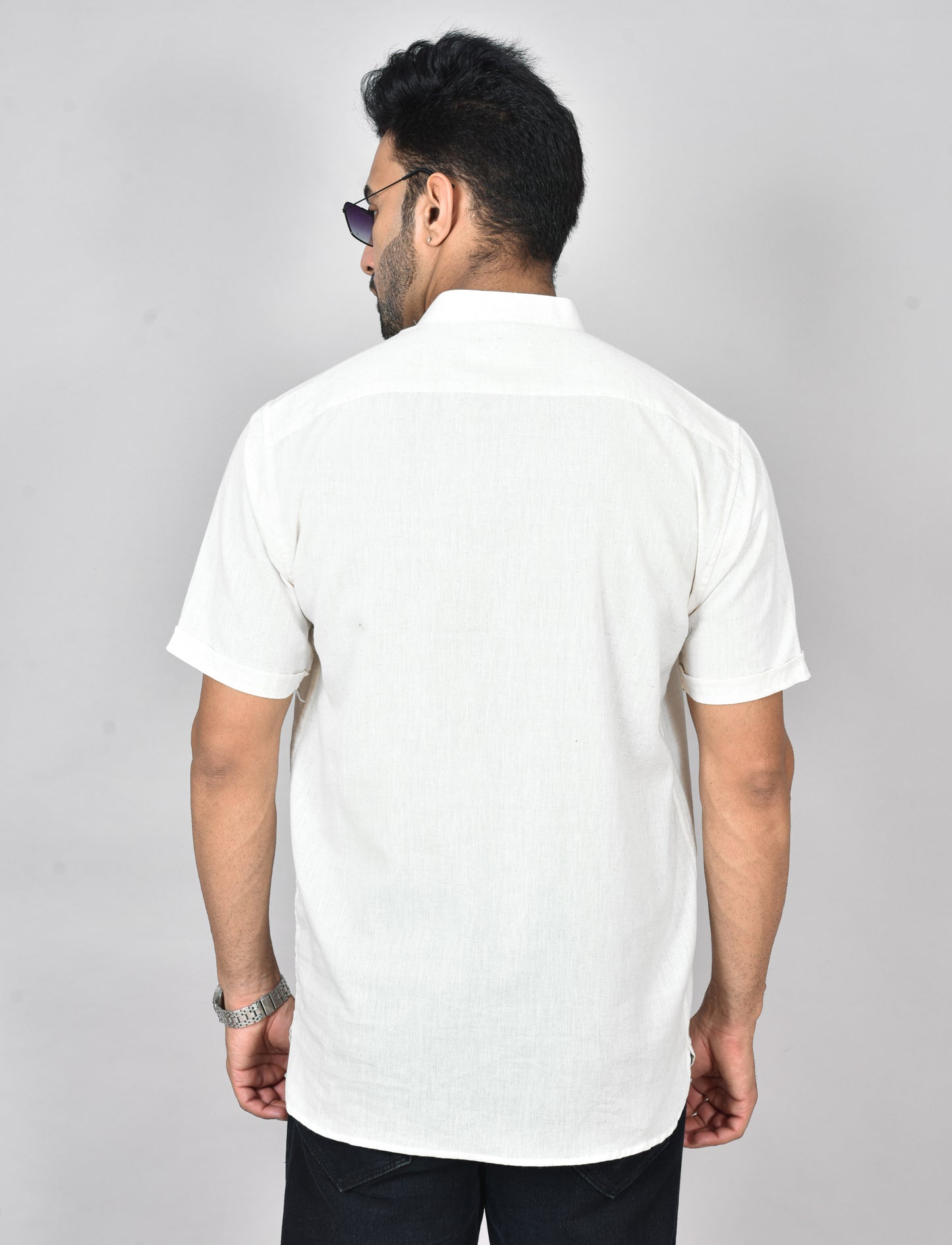 Cream Plain Short Sleeves Kurta