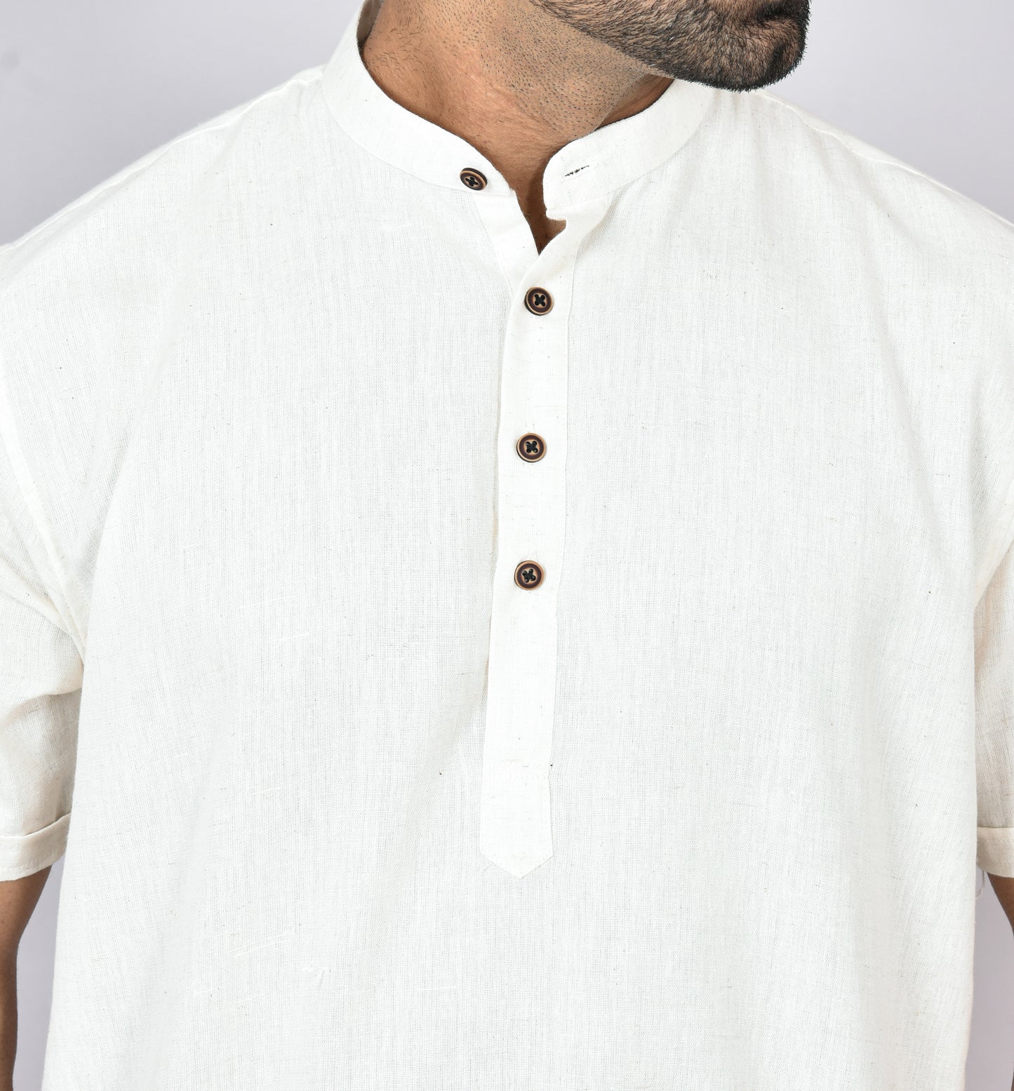 Cream Plain Short Sleeves Kurta