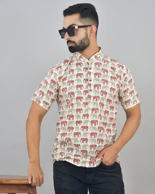 Red Grey Elephant Short Sleeve Kurta