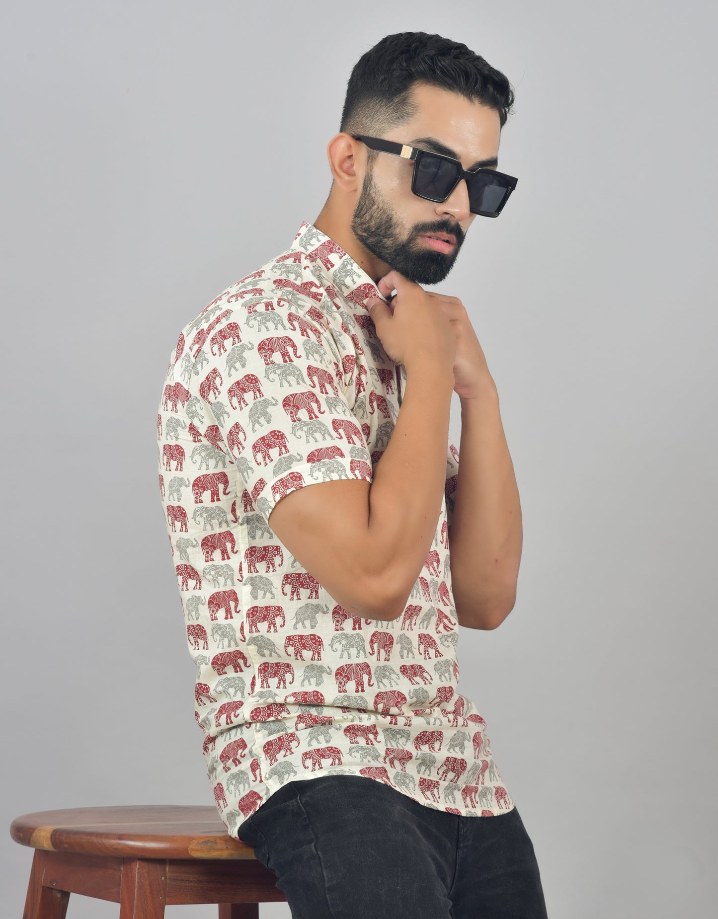 Red Grey Elephant Short Sleeve Kurta