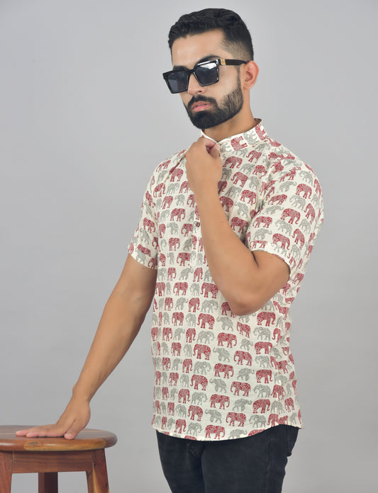 Red Grey Elephant Short Sleeve Kurta