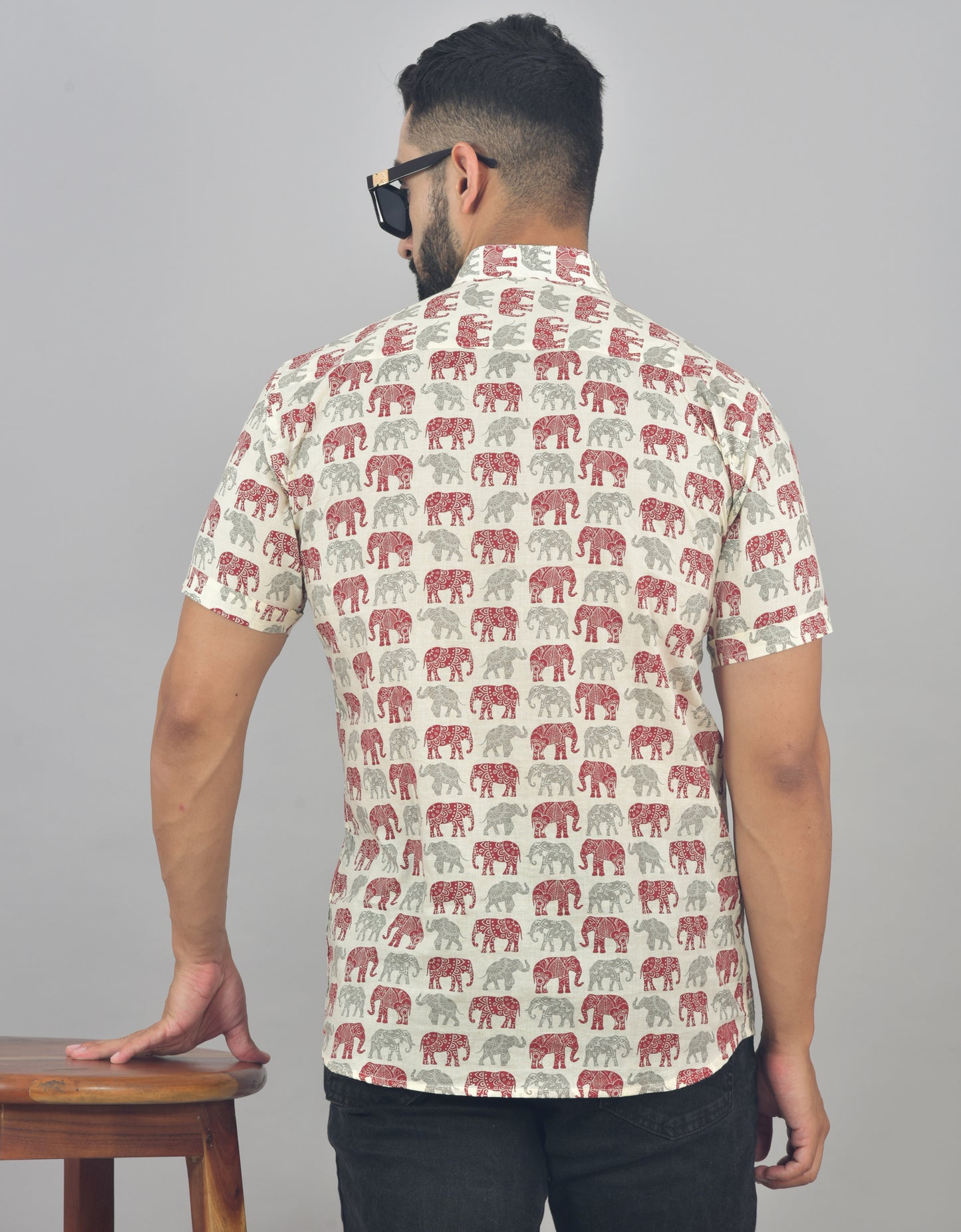 Red Grey Elephant Short Sleeve Kurta