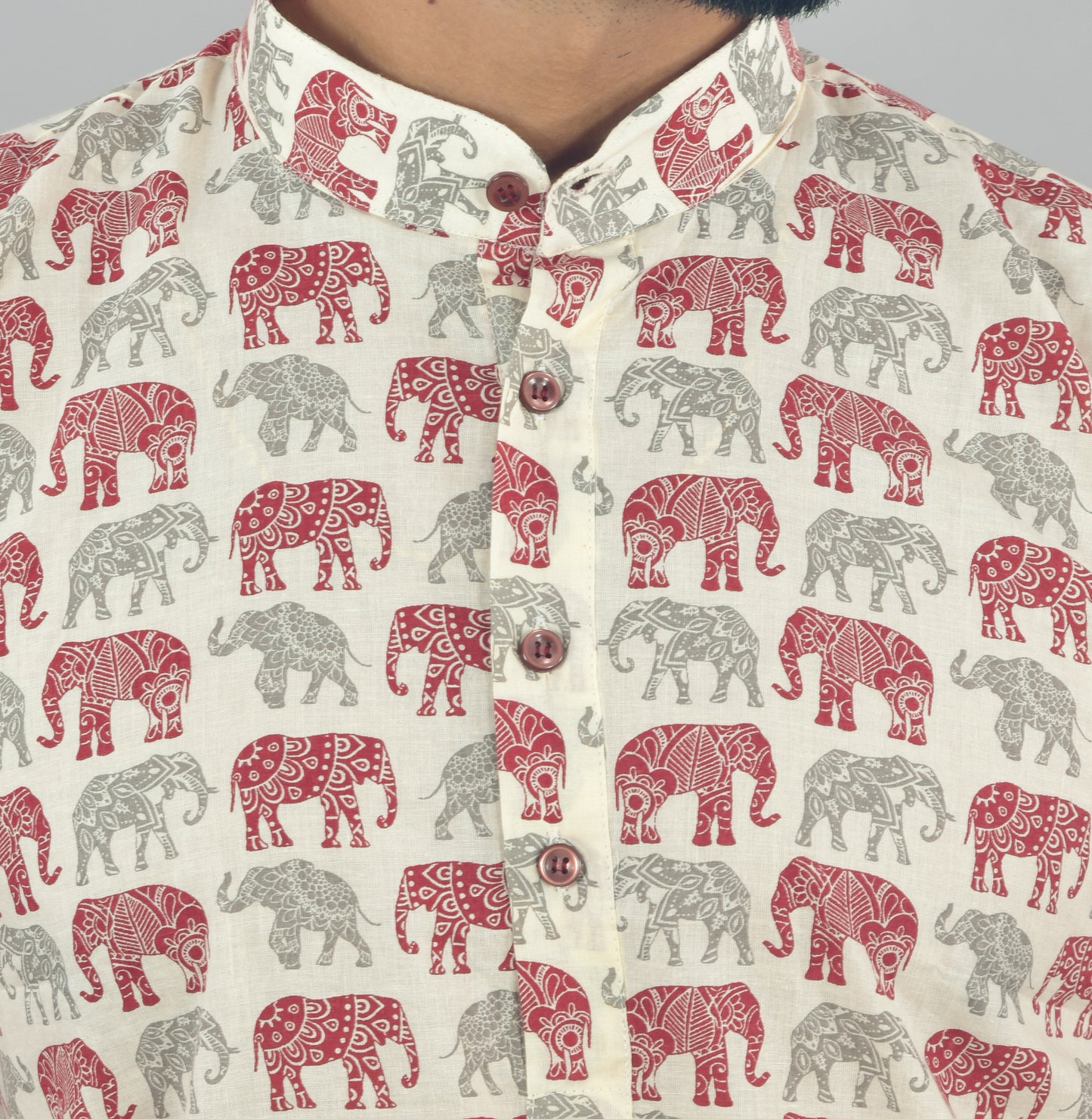 Red Grey Elephant Short Sleeve Kurta