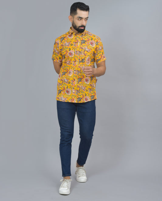 Yellow Floral Printed Cotton Half Shirt