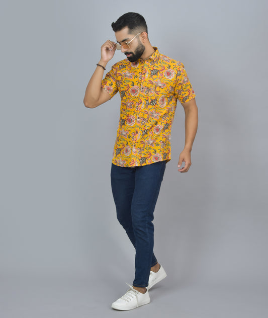 Yellow Floral Printed Cotton Half Shirt