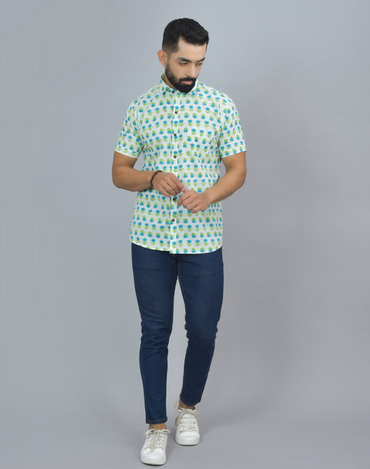 White Buta Printed Cotton Half Shirt