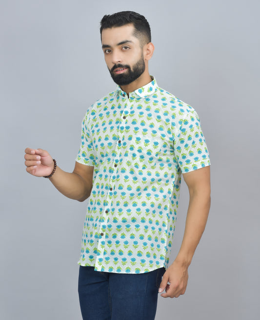 White Buta Printed Cotton Half Shirt