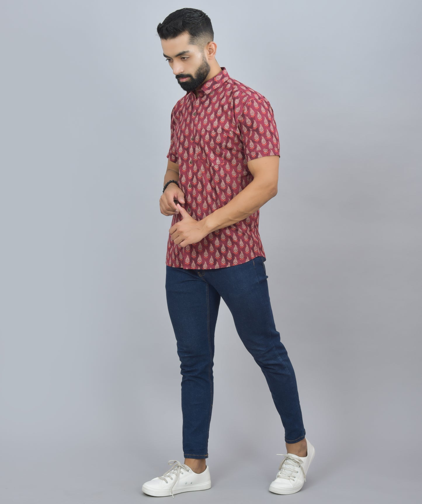 Red Buta Printed Cotton Half Shirt