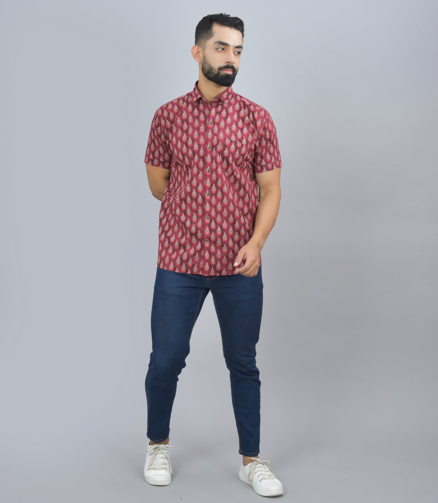 Red Buta Printed Cotton Half Shirt