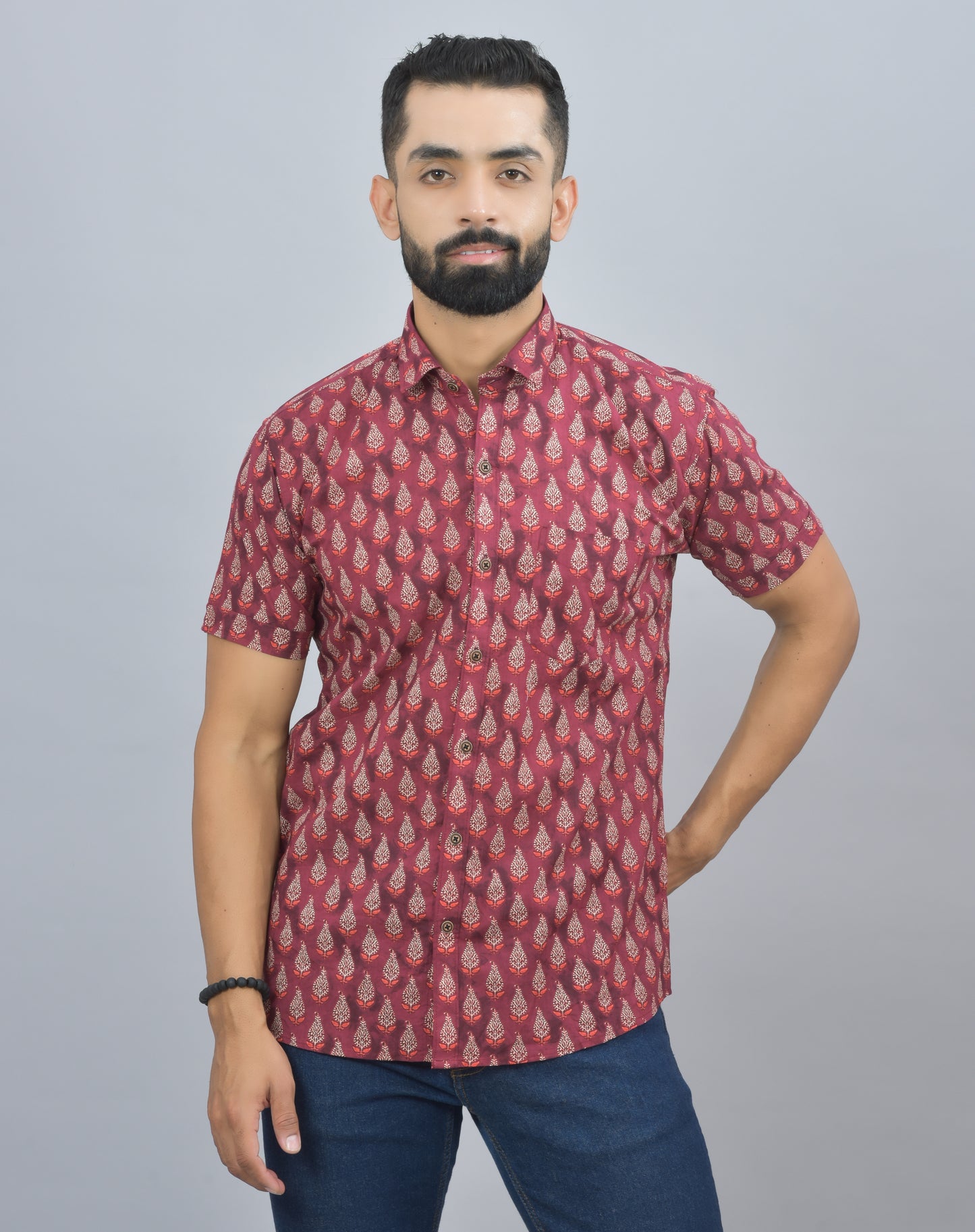 Red Buta Printed Cotton Half Shirt