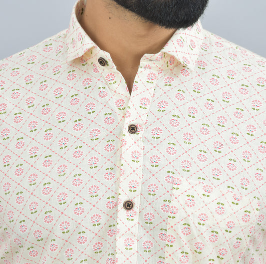 Cream White with Pink Flower Printed Cotton Half Shirt