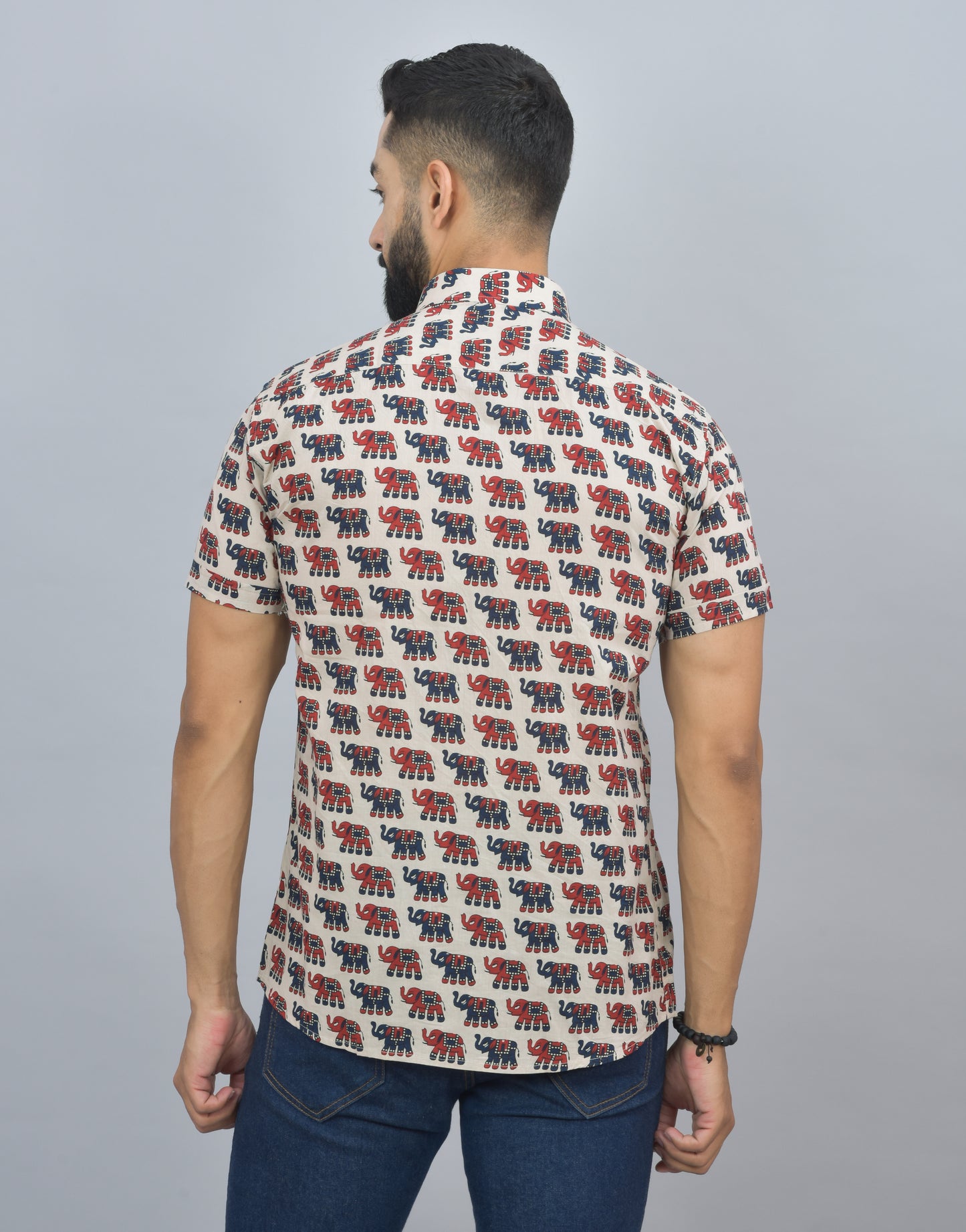 Red and Blue Elephant on Cream Printed Cotton Half Shirt