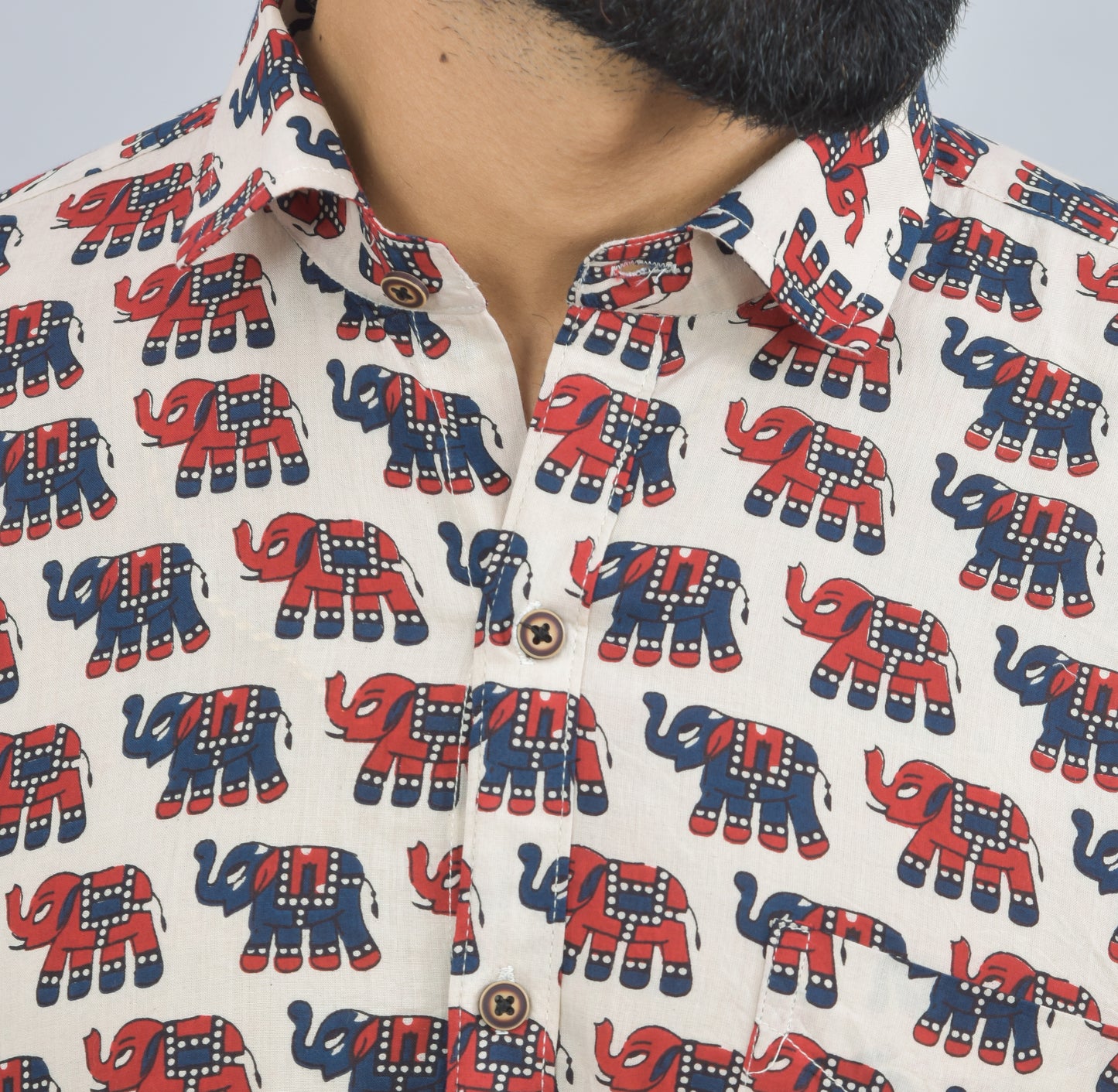 Red and Blue Elephant on Cream Printed Cotton Half Shirt